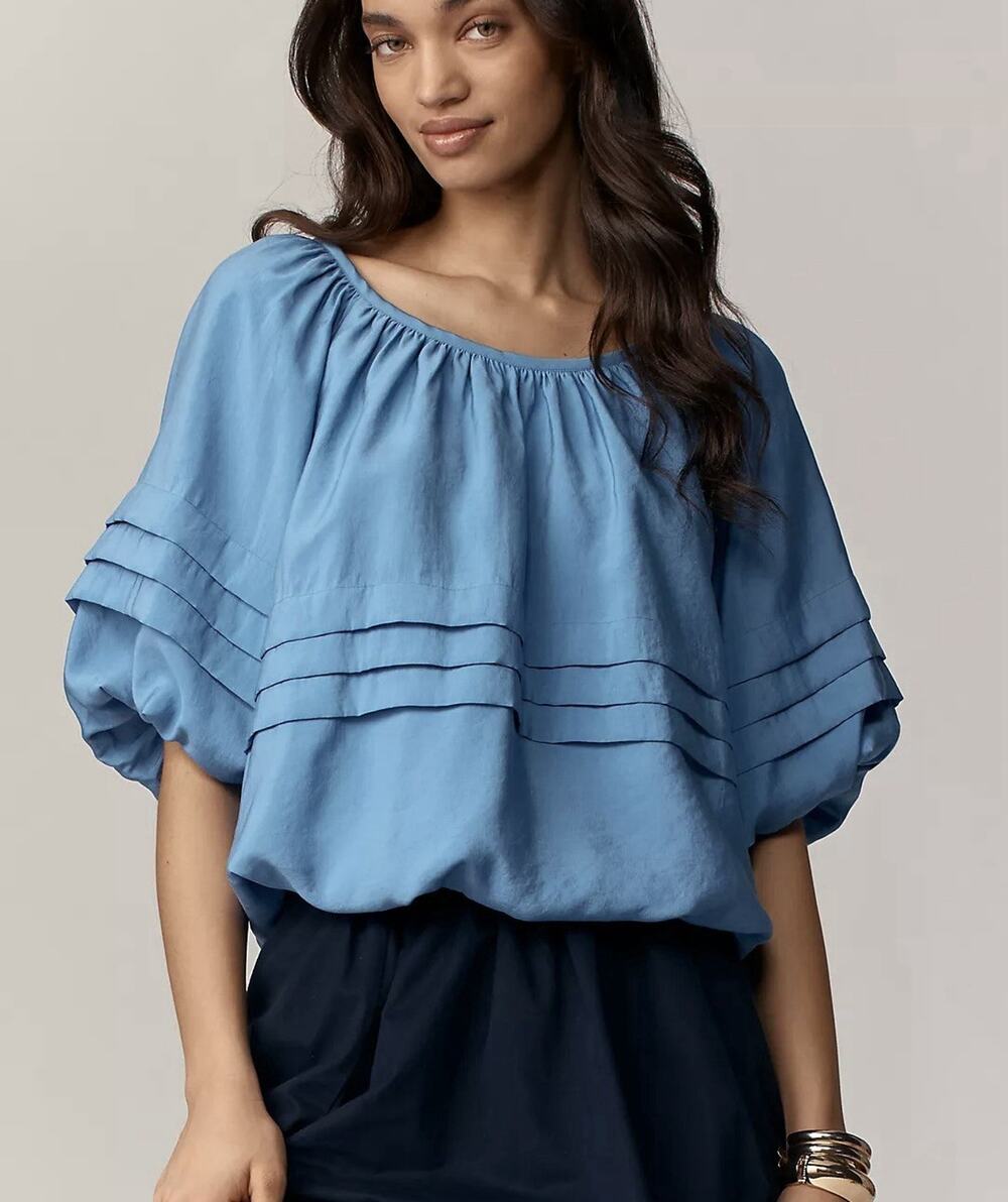 Maeve Anthropologie Short Puff Sleeve Bubble Hem Tiered Blouse Top Blue Size M